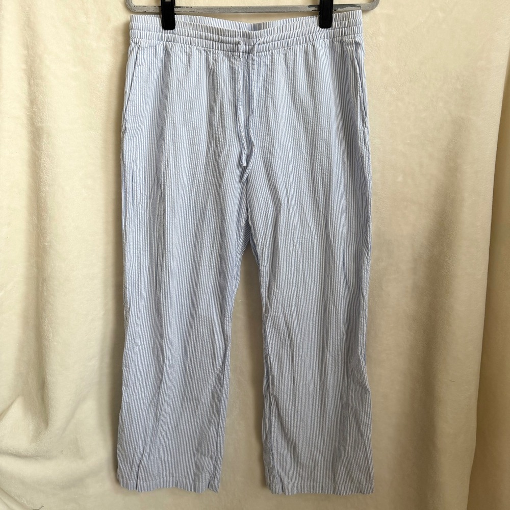 H&M Divided Women Blue White Seersucker Stripe Drawstring Crop Pant Sz M